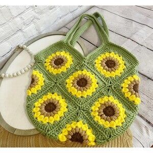 sunflower shoulder bag | green sunflower tote | boho crochet purse